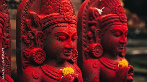 Detailed Red Stone Statues with Yellow Flowers in Nepal