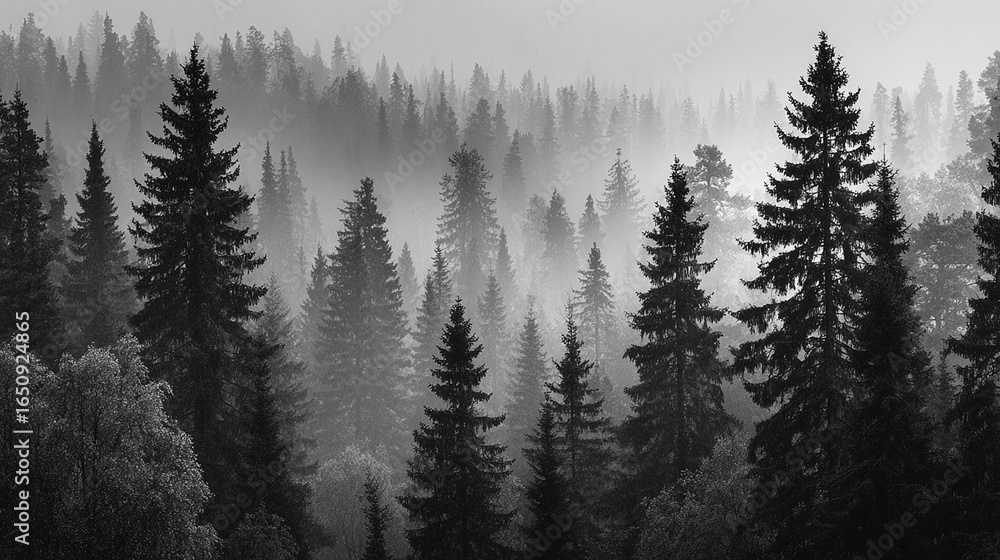 Obraz premium Radiation Fog Over Pine Forest with Light-Shadow Contrast and Mystic Atmosphere