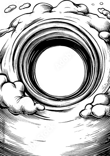 Vintage engraved illustration of a black hole with clouds in retro style
