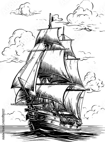 Vintage engraved illustration of a brigantine ship - nautical scene for retro design and decor