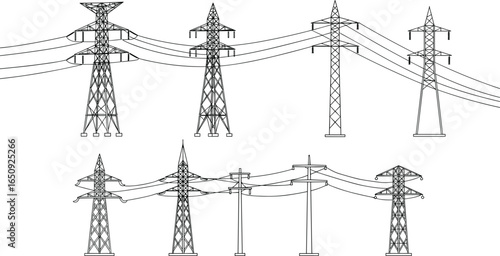 Electric power line towers, high voltage transmission poles, electricity infrastructure illustration, utility pylon structure, black and white vector set