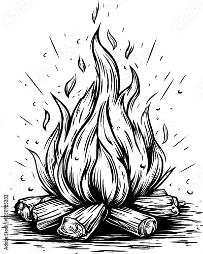 Vintage engraved campfire illustration - hand drawn woodcut design for outdoor themed prints