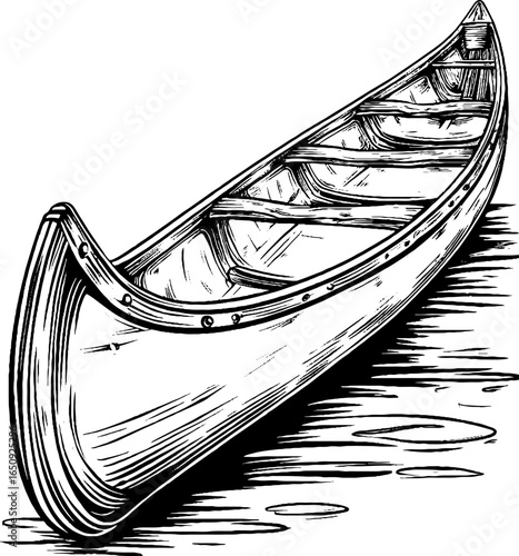 Vintage engraved canoe sketch with bold black lines for retro design
