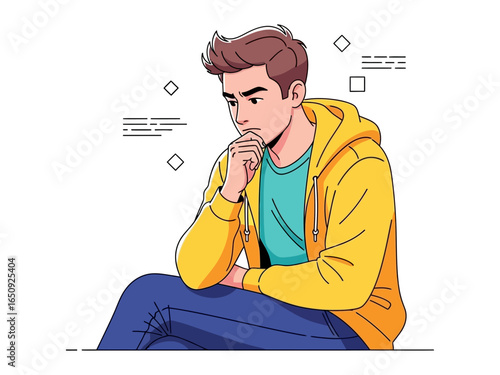 Contemplative Man: A young man, immersed in thought, sits deep in contemplation, the simplicity of the scene highlights inner reflection, self-discovery and introspection.