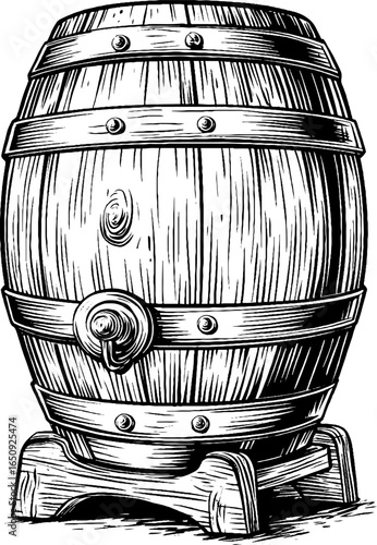 Vintage engraved illustration of wooden cask with bold black lines for design purposes