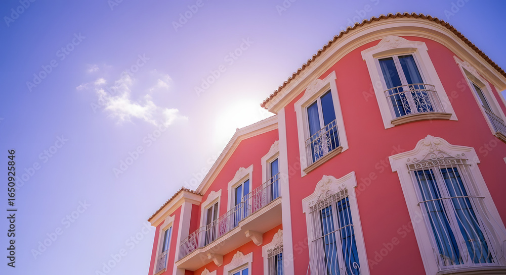 Fototapeta premium Low angle view of a pink building facade against a bright blue sky with ornate white trim and small wrought iron balconies