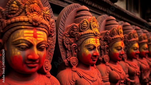 Row Of Detailed Statues Adorned With Vibrant Hues Of Red And Yellow Powder In Kathmandu Nepal