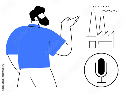 Man gesturing toward factory with smoke stacks and microphone icon. Ideal for industry, innovation, communication, technology, business, podcasting, presentations, simple landing page