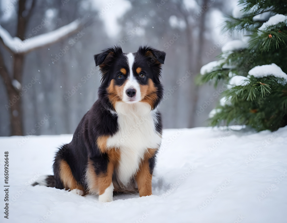 A cute Mini Aussie on white snow with the beautiful plant background. A cute Mini Aussie on white snow with the beautiful plant background.