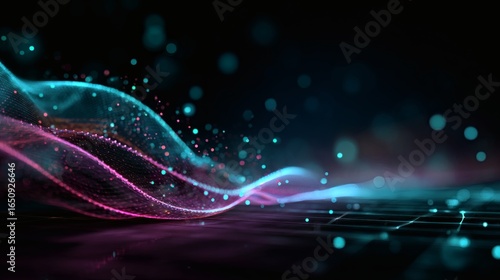 Abstract neon cyber wave with glowing pink and turquoise particles, luminous holographic mesh, immersive flowing spectrum, sci-fi digital texture, AI data visualization, cyberpunk gradient light, 
