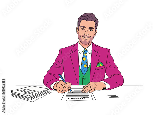 Business Deal: A dapper figure in a stylish suit intently signs a contract, highlighting the focus and commitment inherent in securing agreements and deals.