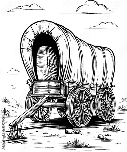 Vintage engraved illustration of covered wagon in black and white - retro design for historical print