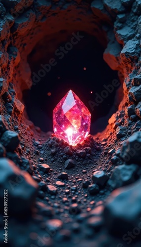 A glittering gemstone emerges from a rough, dark mine shaft, symbolizing the precious reward of mining A concept image representing discovery and wealth , crystal, ore