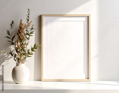 Empty Gold Frame Mockup with Dried Flowers and Vase.