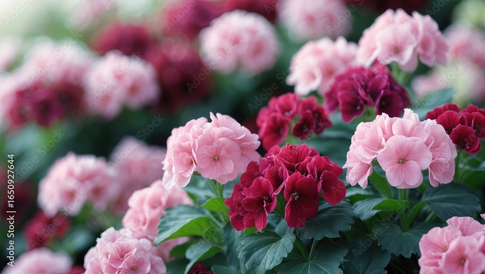 Fototapeta premium Clusters of pink and dark pink flowers with green leaves in a garden setting.