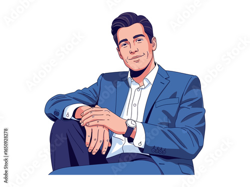 Confident Man in Suit: A charismatic businessman, exuding confidence in a sharp blue suit, strikes a pose showcasing poise and ambition, perfect for business concepts.