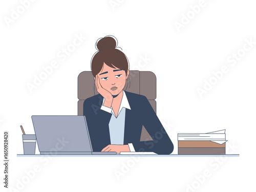Business woman with burnout: An illustration depicts a business woman sitting at a desk with a laptop and files, expressing weariness and burnout.