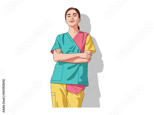 Confident Medical Professional: A dedicated healthcare worker, her colorful scrubs reflecting warmth, stands poised with crossed arms. Reflecting a blend of expertise and compassion.