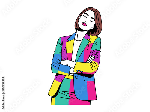 Confident Style: A colorful graphic depiction of a fashion-forward woman, confidently styled in a vibrant suit, exudes individuality and bold self-expression.