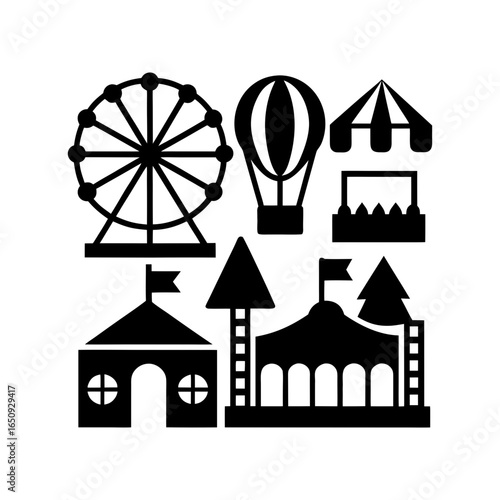 A collection of carnival attractions icons including a ferris wheel tent and hot air balloon design element