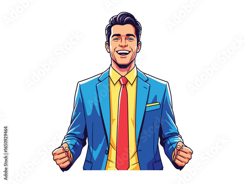 Joyful Victory: A businessman, exudes triumphant joy and confidence, illustrating the essence of achievement and celebration with a stylish aesthetic.