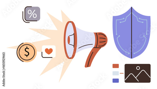 Megaphone amplifying dollar, percentage, heart, shield, and data chart icons. Ideal for marketing, business growth, financial services, security data visualization digital strategy communication
