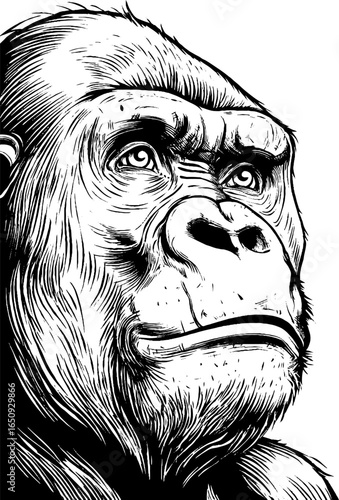 Bold engraved gorilla head illustration in black and white