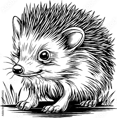 Vintage engraved illustration of a hedgehog in bold black lines - design for posters and cards