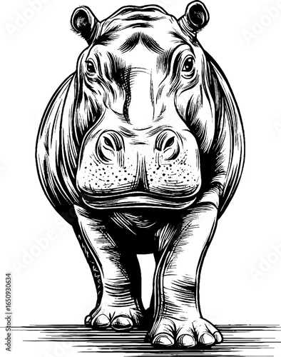 Engraved illustration of hippopotamus in bold black - retro artistic design for posters or cards