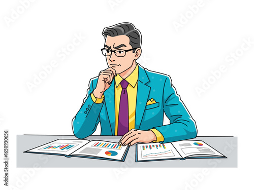 Thoughtful Analysis: A smartly dressed professional, seated at a desk, engrossed in deep contemplation as he analyzes complex charts and graphs.