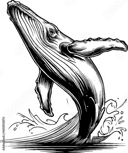 Vintage engraved illustration of majestic humpback whale breaching ocean waves