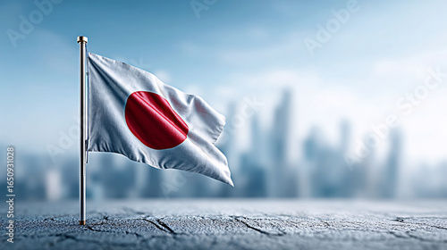 Japan Flag Waving over Urban Skyline National Symbol for Patriotism and Culture
