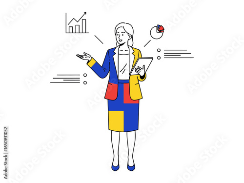 Business Woman and Strategy: An accomplished businesswoman, holding a tablet and gesturing towards charts and diagrams, demonstrates strategic planning with a confident air. 