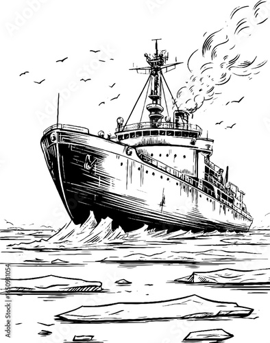 Vintage engraved illustration of icebreaker ship in arctic waters for nautical design