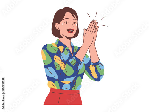 Enthusiastic Applause: A vivacious woman with short hair celebrates a moment with an animated clap. An illustration of joy and appreciation.