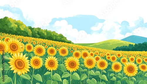Vibrant Sunflower Field Landscape with Hills and Trees.