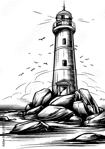 Vintage engraved illustration of lighthouse on rocky coastline for nautical decor