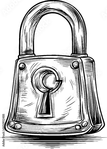 Engraved lock design with bold black lines for security concepts and vintage artwork
