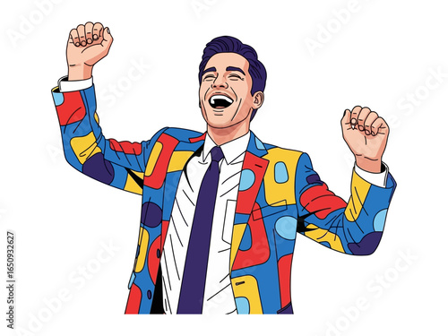 Ecstatic Celebration: A vibrantly dressed individual celebrates success and achievement, embodying pure joy with animated flair.