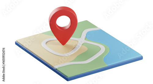 Red map pin on stylized map isolated on transparent background
