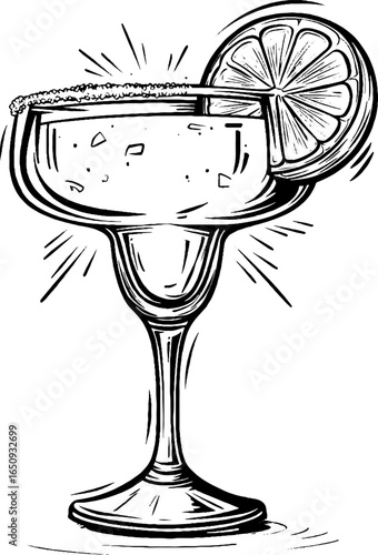 Engraved margarita glass sketch with lemon slice for retro design and print