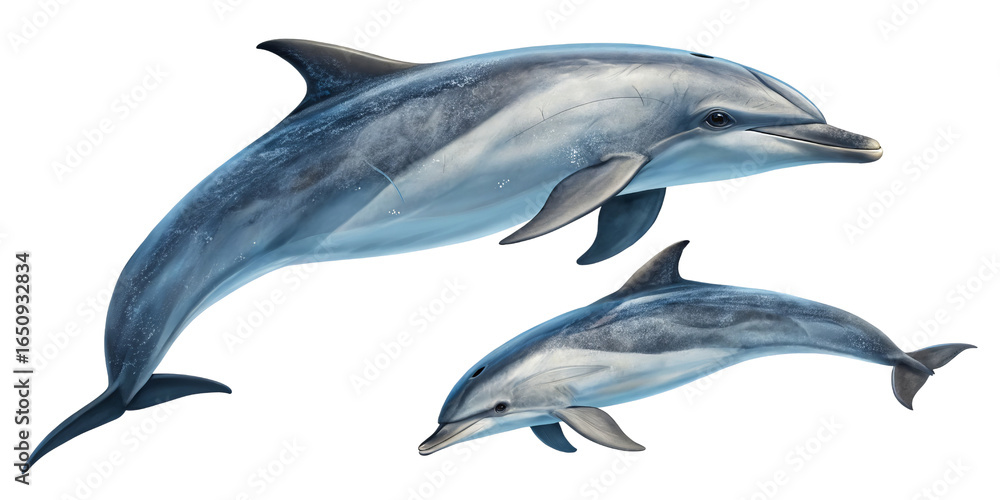 Naklejka premium Two Dolphins Leaping, Digital Painting, Isolated on Transparent Background, Marine Mammal, Ocean Life, Dolphin, Aquatic, Wildlife