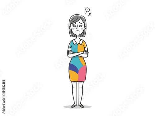 Woman expressing Doubt and uncertainty : An illustration capturing the internal conflict and hesitation. A graphic representation of a woman embodies skepticism.