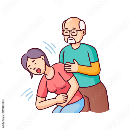Woman performs heimlich maneuver for choking old man who needs help due to airway obstruction. Sick human choked on food and coughed standing near girl ready to do heimlich ... See More