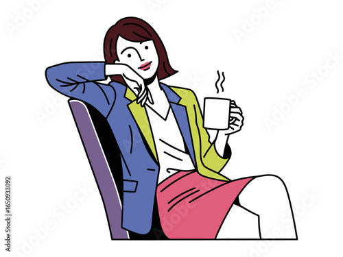 Relaxed Professional in Contemplation: A chic professional, in a moment of quiet reflection, enjoys a warm beverage while seated in a contemporary armchair.