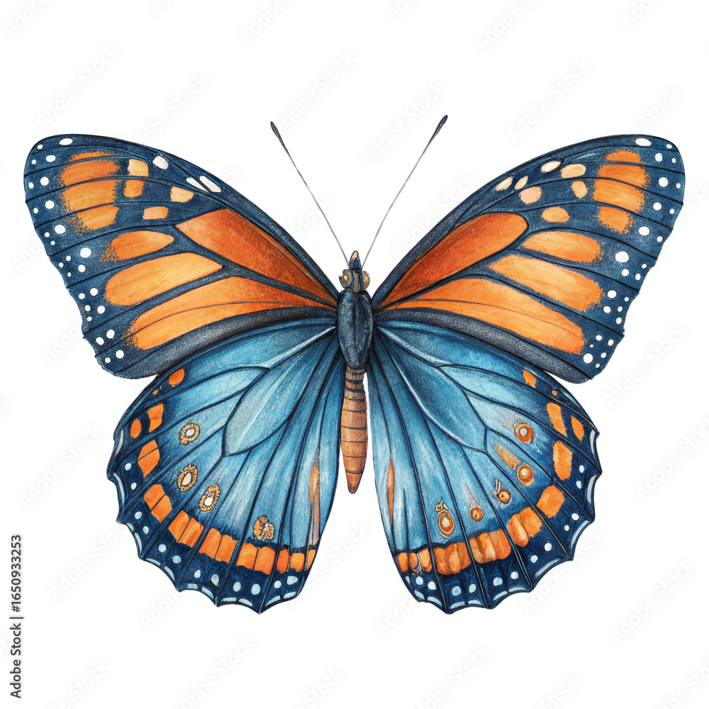 Fototapeta premium Watercolor Butterfly Illustration Blue and Orange Monarch Design, Isolated on Transparent Background, Insect, Lepidoptera, Graphic Design