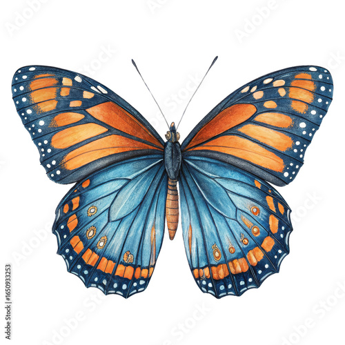 Watercolor Butterfly Illustration Blue and Orange Monarch Design, Isolated on Transparent Background, Insect, Lepidoptera, Graphic Design
