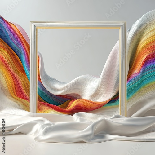 Colorful drapes flowing around a white frame