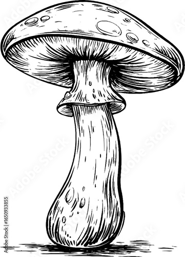 Vintage engraved mushroom illustration in bold black lines for design and decor