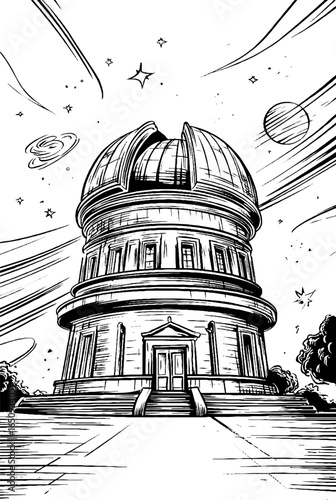 Vintage engraved illustration of observatory dome with celestial elements for design